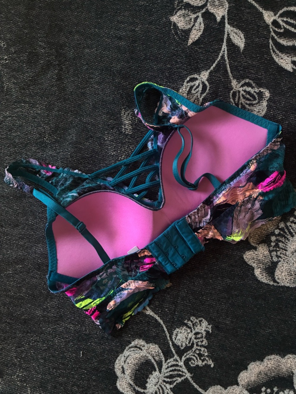Victoria's Secret Teal Floral Lace Underwire Bra with Neon Accents - Picture 5 of 9
